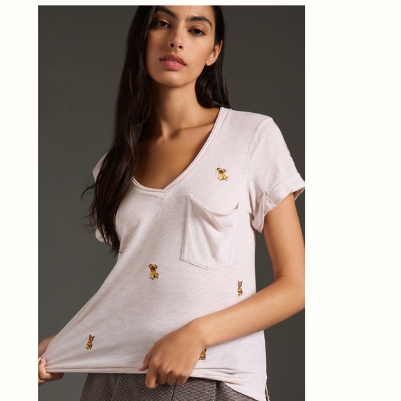 NWT Anthropologie The Lars Classic V-Neck Tee by T.La Embroidered Puppies L - Picture 1 of 11